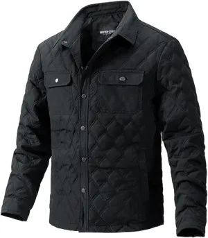 Thatrich Mens Diamond Quilted Lightweight Jacket Button Down Lapel Shirt Long Sleeve Winter Coat Warm Outdoor Jacket Outwear
