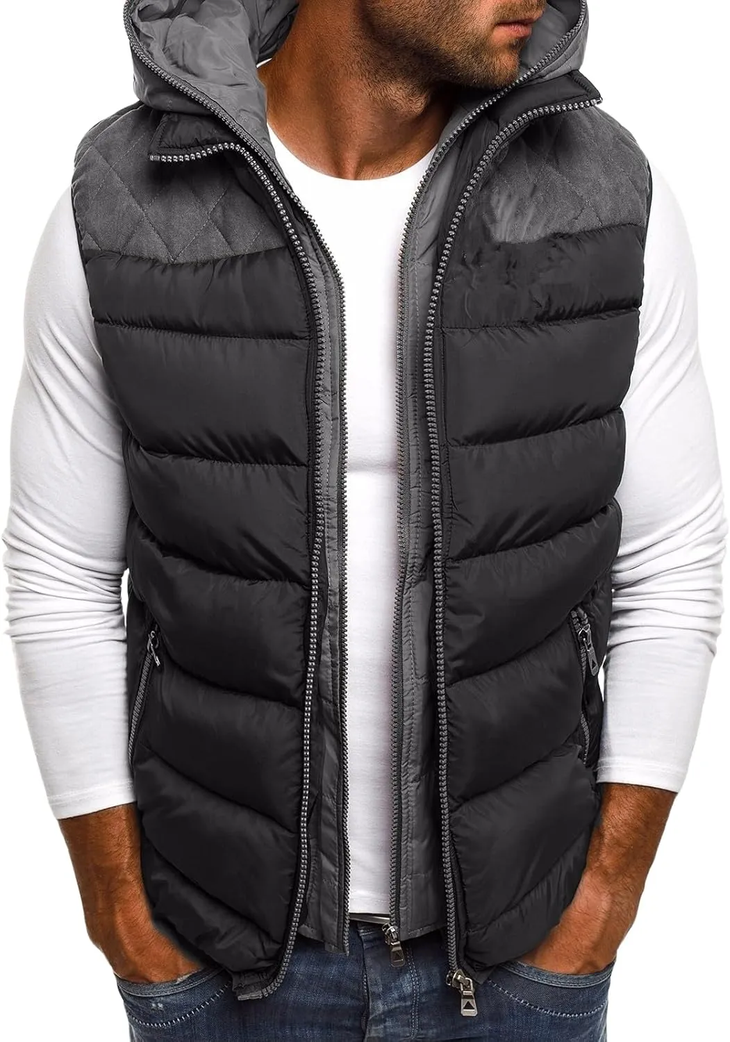 Thatrich Men's Puffer Vest Padded Vests Puffy Sleeveless Coats Thermal Outdoor Jackets Hooded Down Gilet Winter Coat Outwear