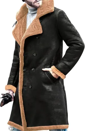 Thatrich Mens Winter Coats Long Faux Leather Trenchcoat Sherpa Lined Moto Jacket Oversized Overcoat Warm Outdoor Wear Outwear