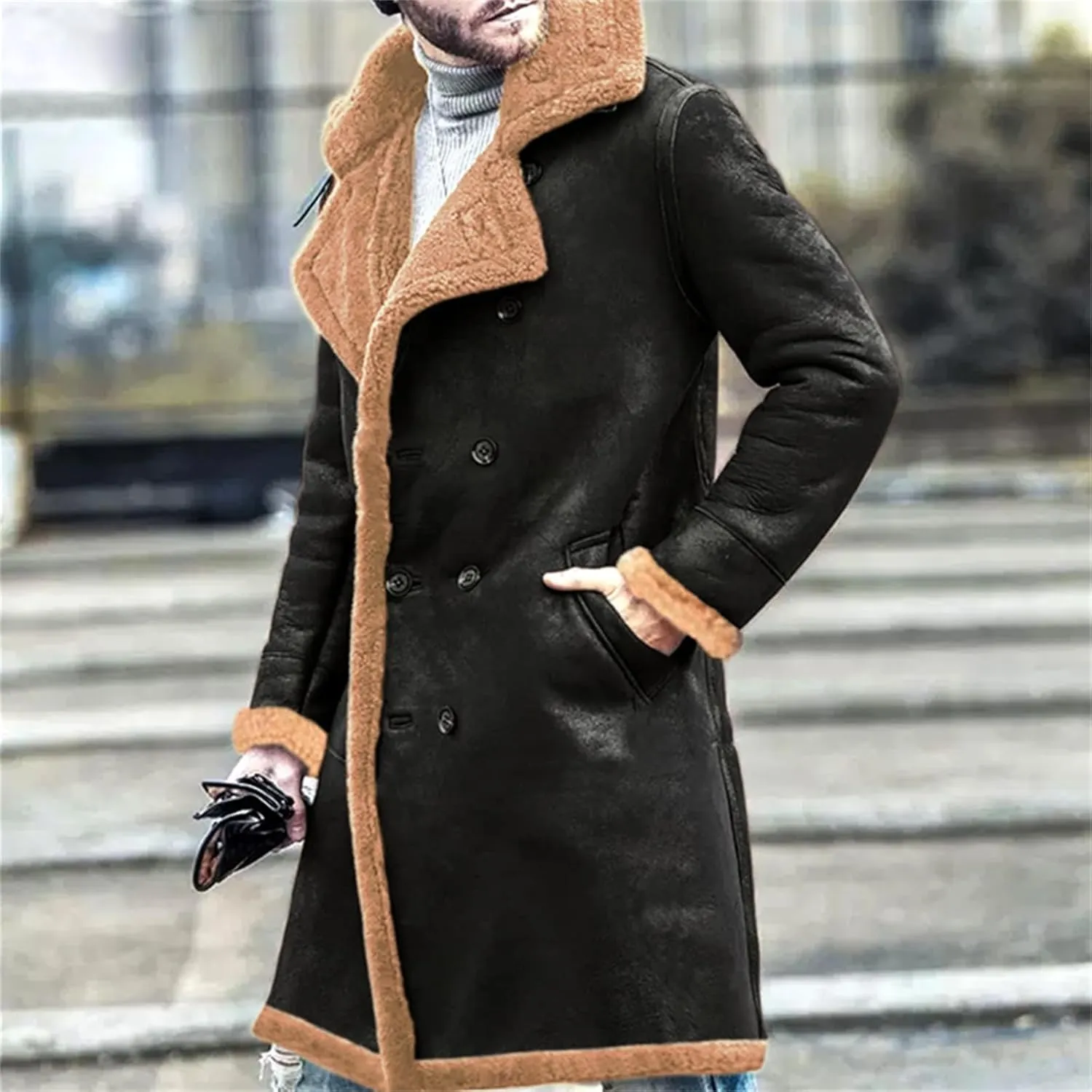Thatrich Mens Winter Coats Long Faux Leather Trenchcoat Sherpa Lined Moto Jacket Oversized Overcoat Warm Outdoor Wear Outwear