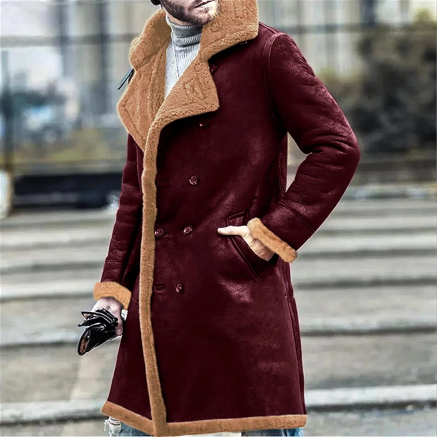 Thatrich Mens Winter Coats Long Faux Leather Trenchcoat Sherpa Lined Moto Jacket Oversized Overcoat Warm Outdoor Wear Outwear