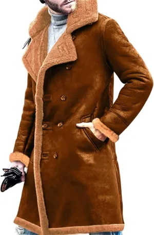 Thatrich Mens Winter Coats Long Faux Leather Trenchcoat Sherpa Lined Moto Jacket Oversized Overcoat Warm Outdoor Wear Outwear