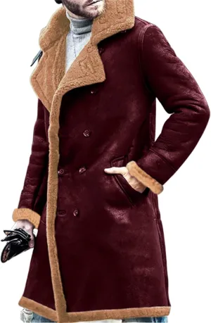 Thatrich Mens Winter Coats Long Faux Leather Trenchcoat Sherpa Lined Moto Jacket Oversized Overcoat Warm Outdoor Wear Outwear