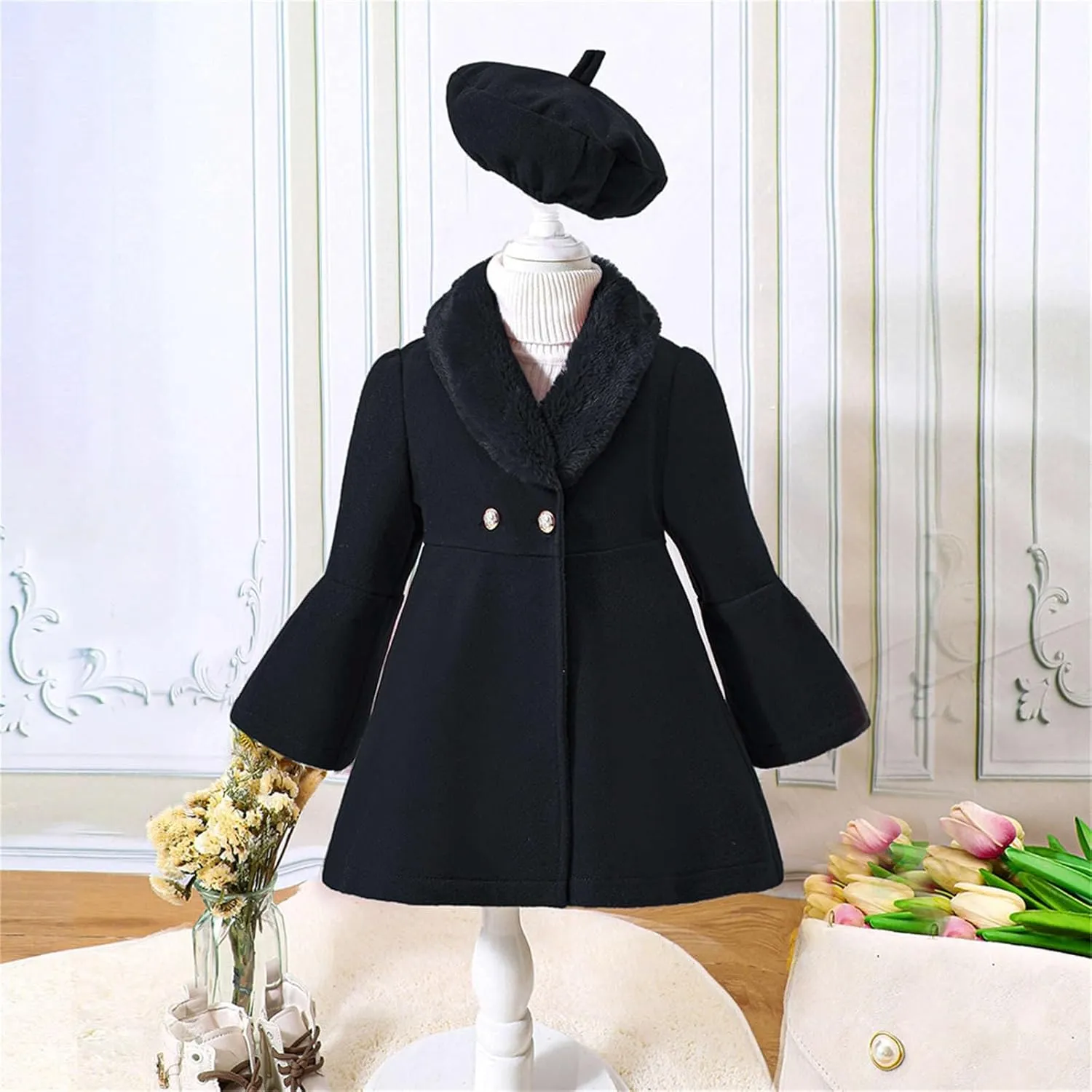 Toddler Girls Wool Collar Coat Set Baby Infant Winter Warm Solid Outwear Beret Hat Suit Casual Outfits
