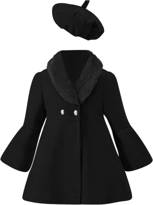Toddler Girls Wool Collar Coat Set Baby Infant Winter Warm Solid Outwear Beret Hat Suit Casual Outfits
