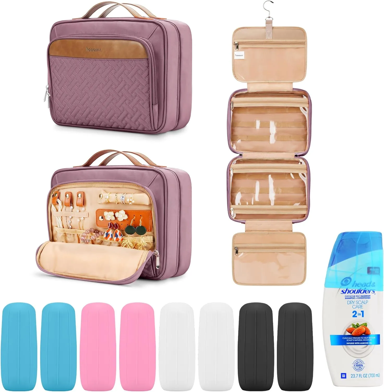 Travel Hanging Toiletry Bag for Women and Men, with 8 Leak Proofing Silicone Bottle Covers, Waterproof Makeup Accessories, Cosmetic Essentials, Toiletries Dopp Kit Set with Jewelry Organizer, Purple