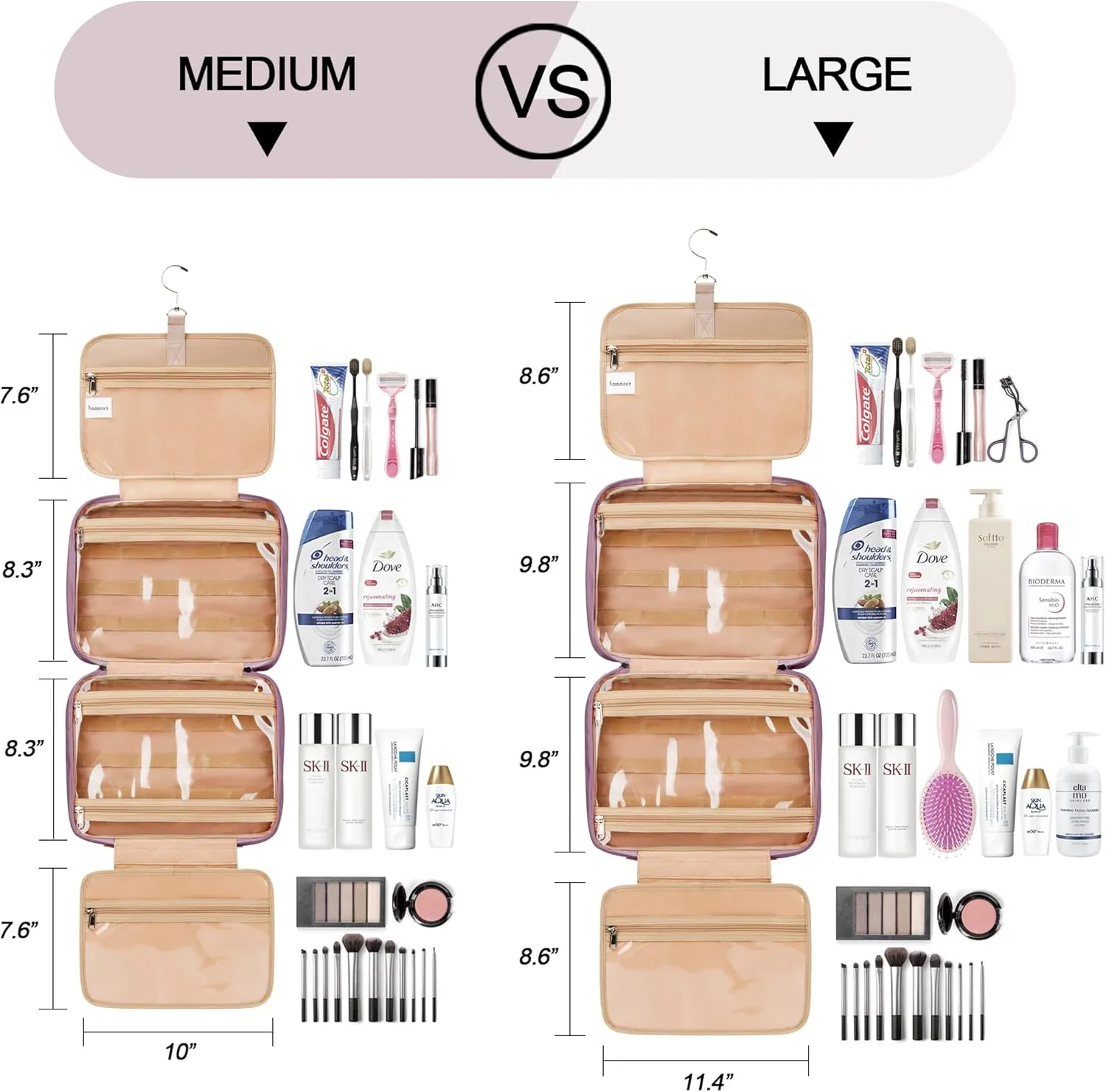 Travel Hanging Toiletry Bag for Women and Men, with 8 Leak Proofing Silicone Bottle Covers, Waterproof Makeup Accessories, Cosmetic Essentials, Toiletries Dopp Kit Set with Jewelry Organizer, Purple