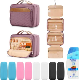 Travel Hanging Toiletry Bag for Women and Men, with 8 Leak Proofing Silicone Bottle Covers, Waterproof Makeup Accessories, Cosmetic Essentials, Toiletries Dopp Kit Set with Jewelry Organizer, Purple