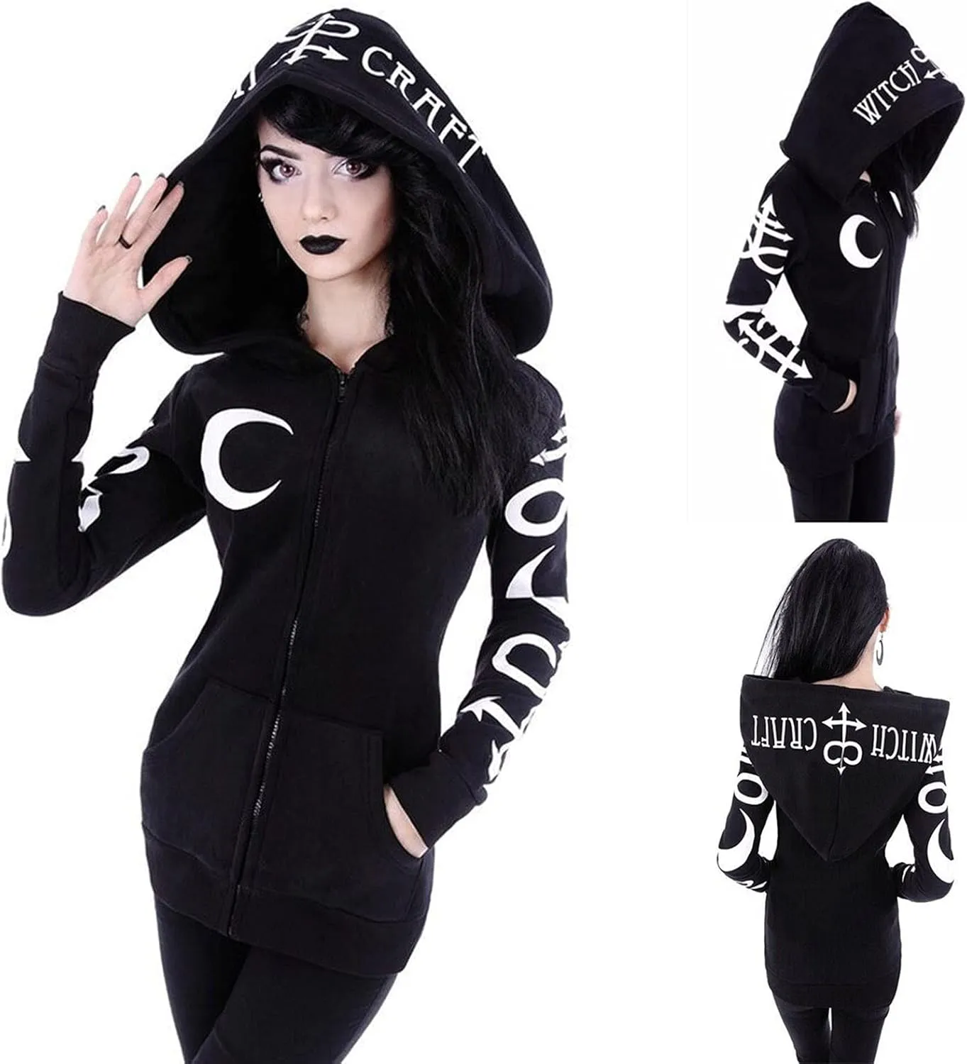 Trendy Gothic Zip Up Hoodies for Women Printed Halloween Costumes Hooded Jacket Plus Size Cloak Coats with