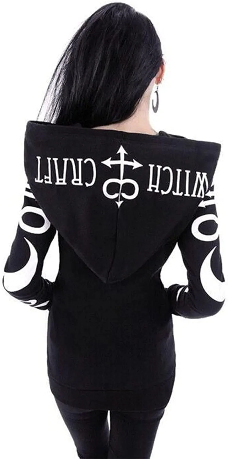 Trendy Gothic Zip Up Hoodies for Women Printed Halloween Costumes Hooded Jacket Plus Size Cloak Coats with
