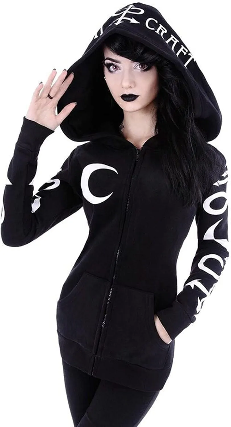 Trendy Gothic Zip Up Hoodies for Women Printed Halloween Costumes Hooded Jacket Plus Size Cloak Coats with