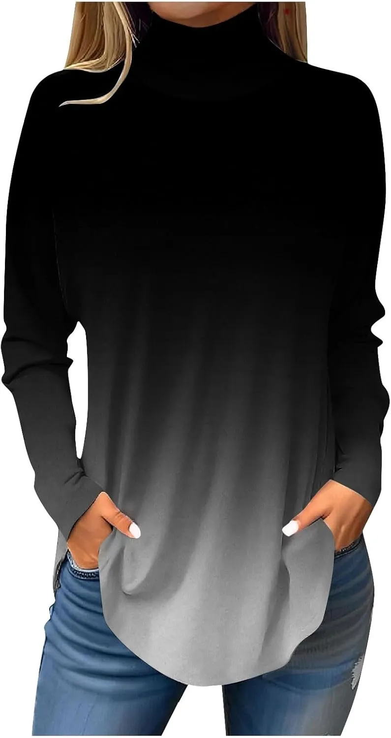 Turtle Necks Tops For Women Dressy Print Long Sleeve Shirts Trendy Mock Neck Tunic Tops Fall Casual Blouse