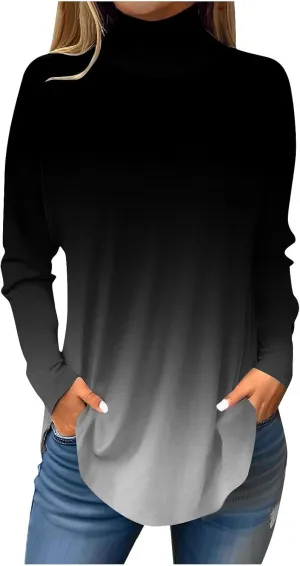 Turtle Necks Tops For Women Dressy Print Long Sleeve Shirts Trendy Mock Neck Tunic Tops Fall Casual Blouse