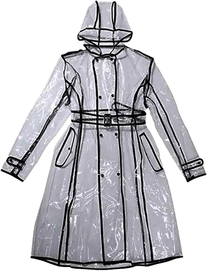 Unisex Clear PVC Trench Coat Belted Hooded Weather-Resistant Spring Cycling Gear