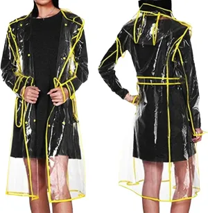 Unisex Clear PVC Trench Coat Belted Hooded Weather-Resistant Spring Cycling Gear