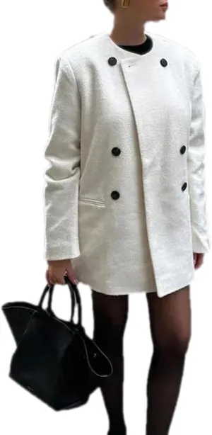 White Round Neck Wool Blends Coat Women Casual Double Breasted Coat Lady Autumn Commute Street Outerwears