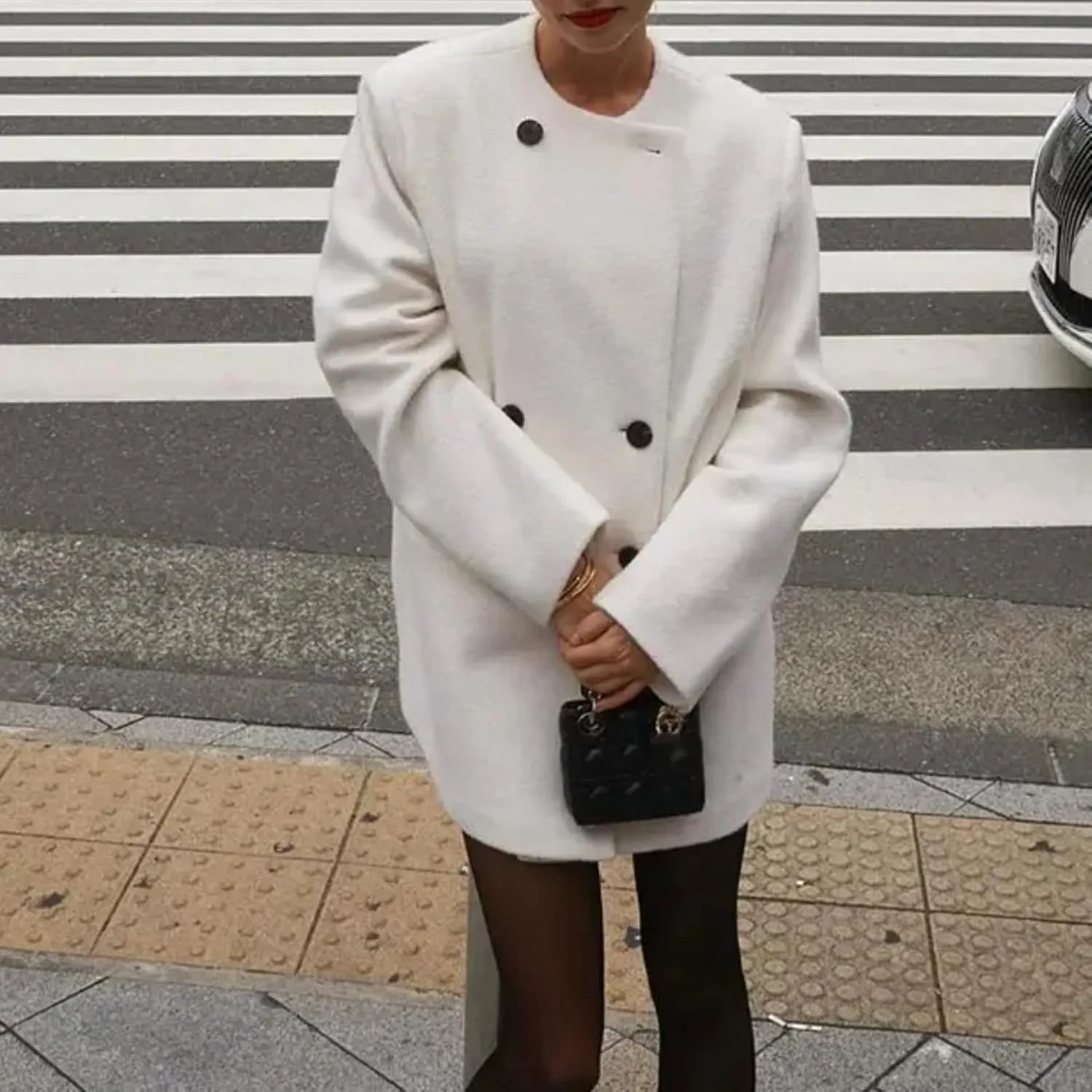 White Round Neck Wool Blends Coat Women Casual Double Breasted Coat Lady Autumn Commute Street Outerwears