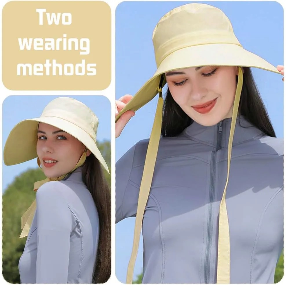 Wide Brim Sun Hats for Women Foldable Packable UV Protection Adjustable Bowknot Drawstring Beach Bucket Hat