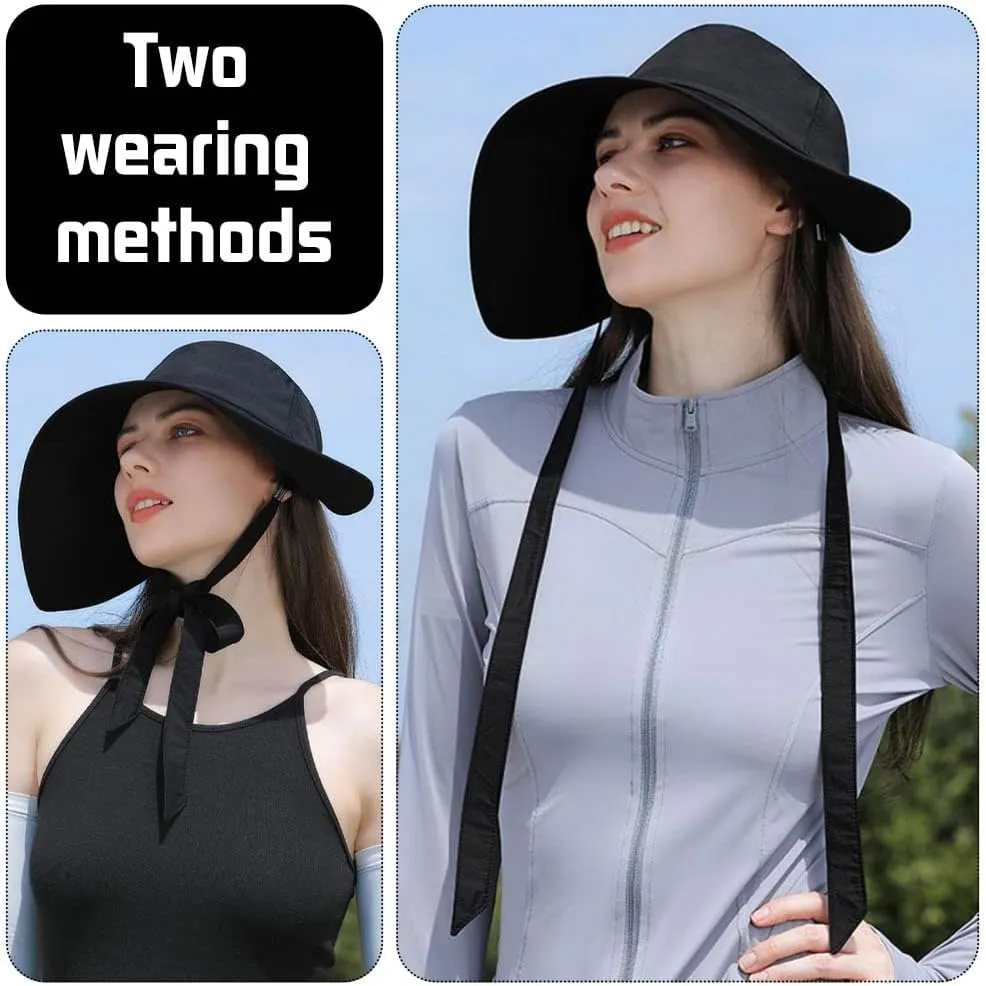 Wide Brim Sun Hats for Women Foldable Packable UV Protection Adjustable Bowknot Drawstring Beach Bucket Hat