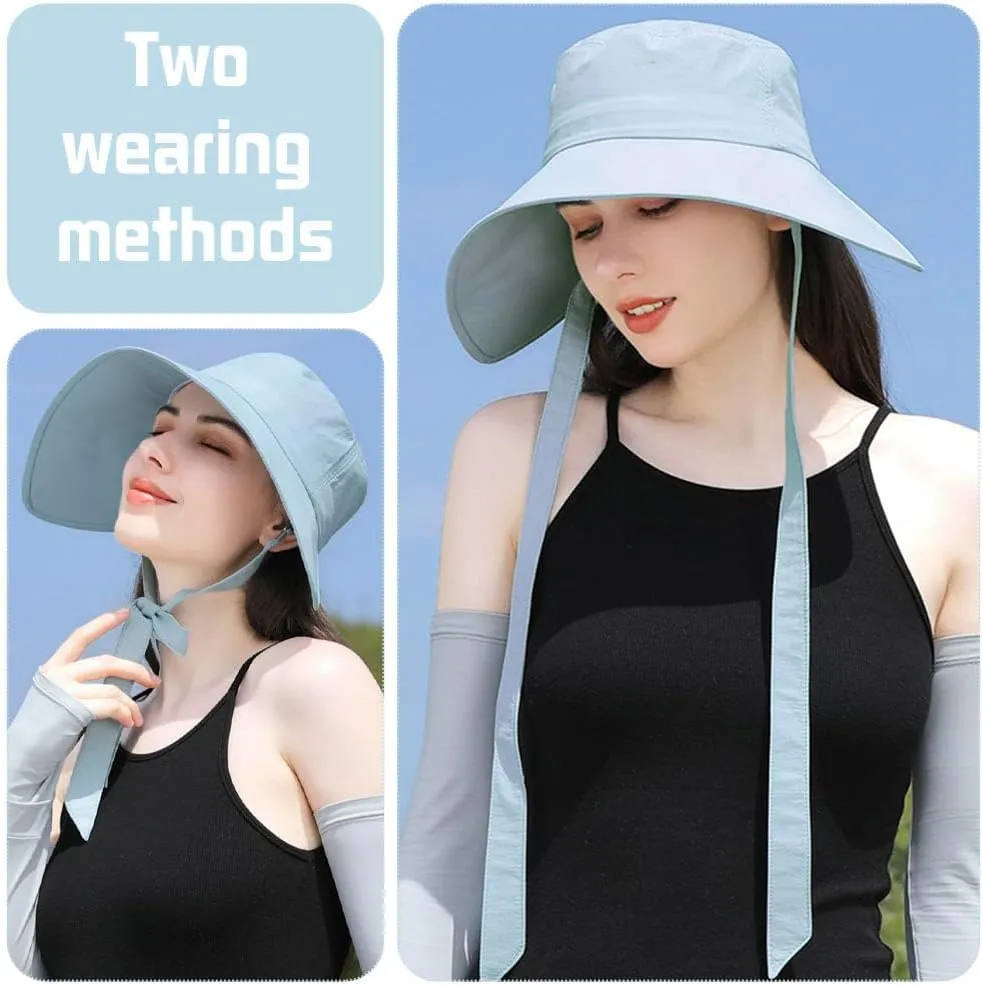 Wide Brim Sun Hats for Women Foldable Packable UV Protection Adjustable Bowknot Drawstring Beach Bucket Hat