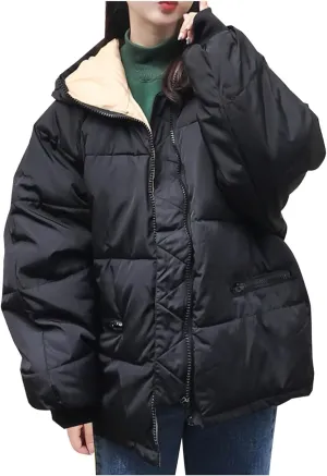 Windproof Puffer Jackets For Women Winter Warm Long Sleeve Thicken Down Coats Teen Girls Baggy Hooded Quilted Jackets