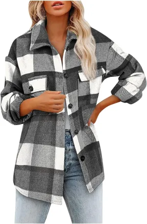 Winter Coats for Women Long Sleeve Plaid Shirts Flannel Lapel Button Down Casual Jacket Loose Outfit Coats