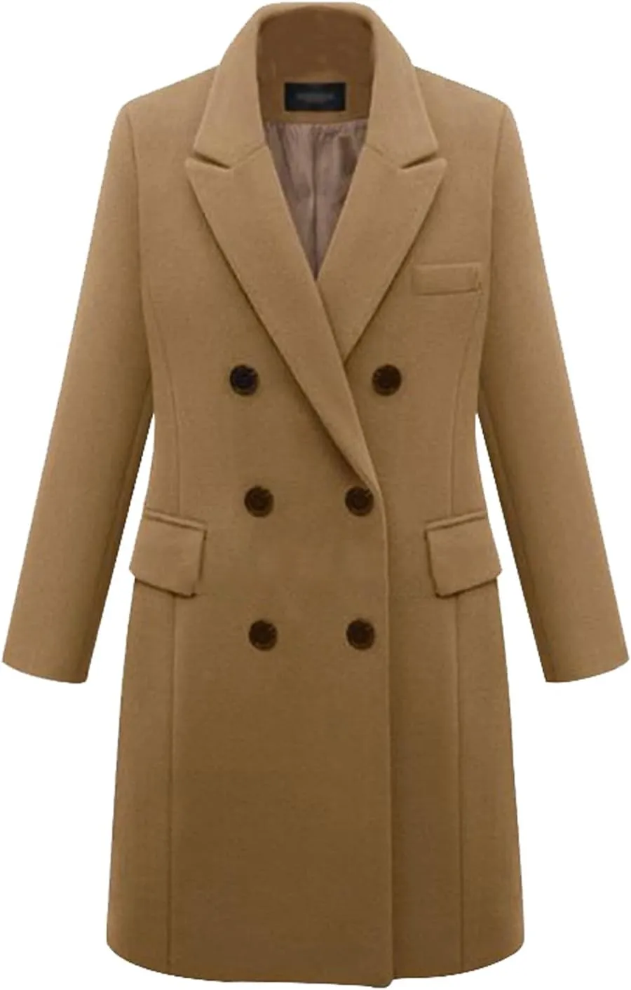 Wkishenl Women's Winter Lapel Double Breasted Pea Coat Long Sleeves Wool Blend Warm Trench Coat Basic Essential Long Overcoat
