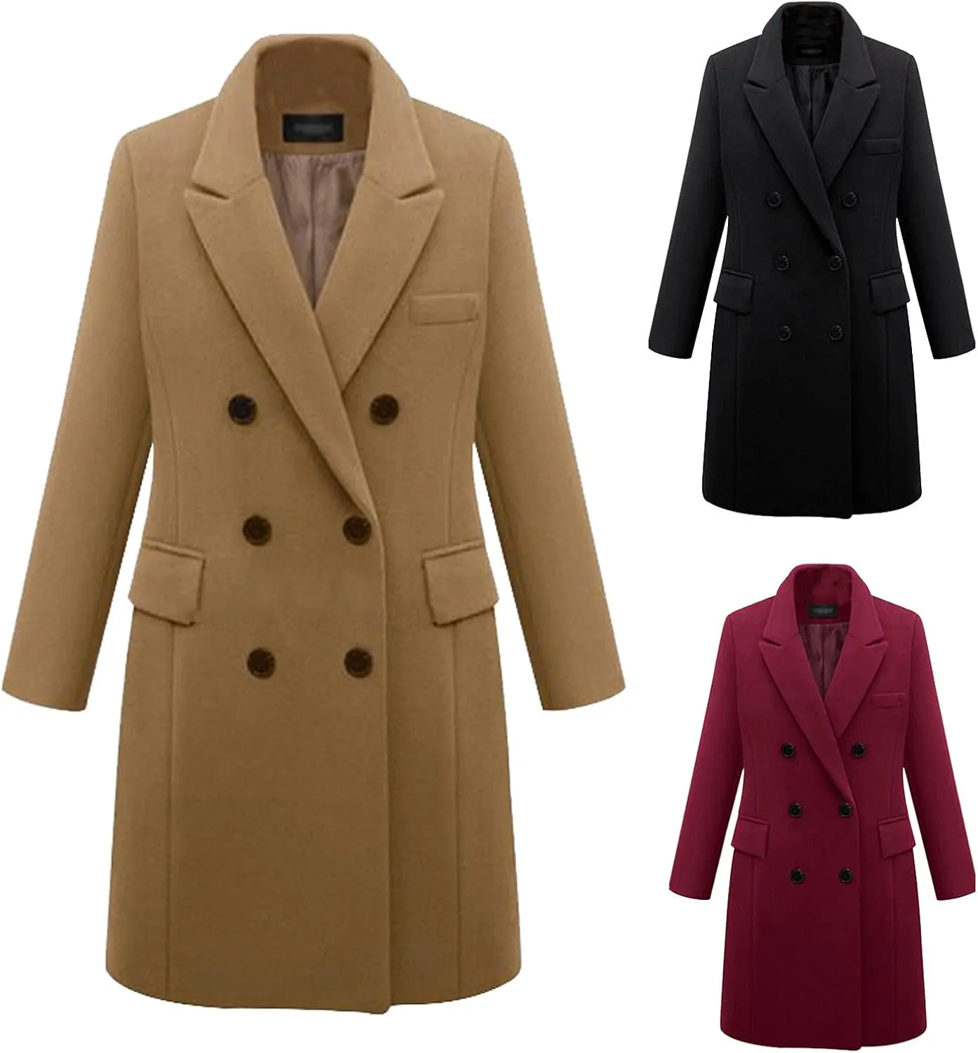 Wkishenl Women's Winter Lapel Double Breasted Pea Coat Long Sleeves Wool Blend Warm Trench Coat Basic Essential Long Overcoat