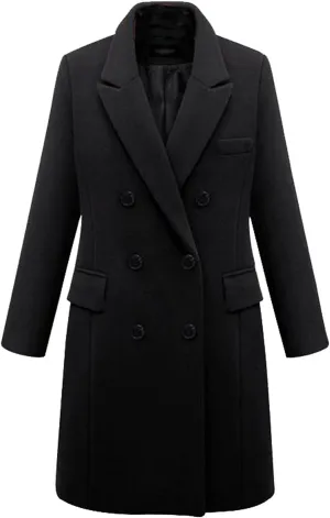 Wkishenl Women's Winter Lapel Double Breasted Pea Coat Long Sleeves Wool Blend Warm Trench Coat Basic Essential Long Overcoat