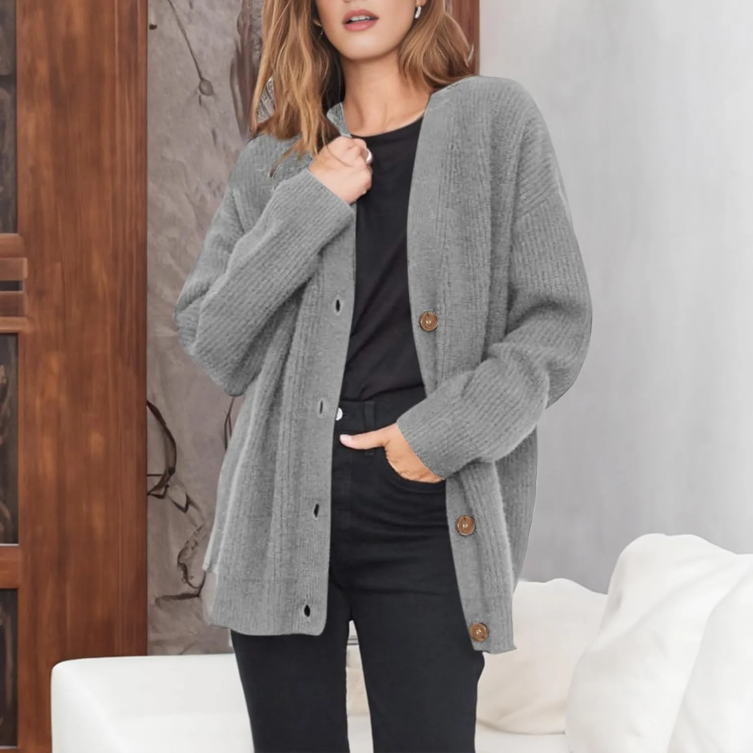 Women Cashmere Cocoon Cardigan Open Front Oversized Button Down Chunky Cardigan V Neck Cardigans Sweaters Knit Coat