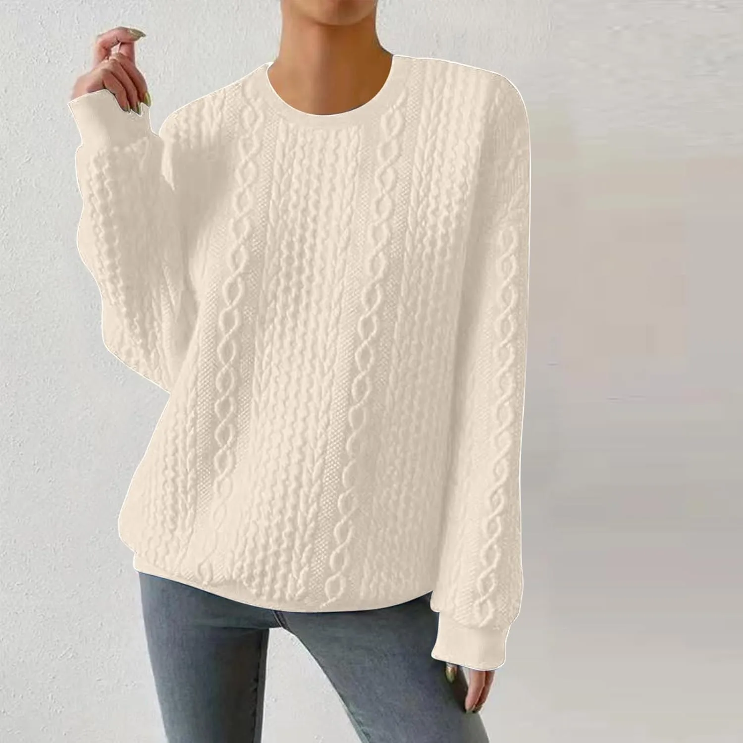Women Crew Neck Cable Knitted Sweaters Stretchable Elasticity Comfy Cozy Loose Long Sleeve Sweater Jumper Pullover