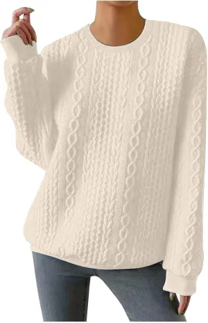 Women Crew Neck Cable Knitted Sweaters Stretchable Elasticity Comfy Cozy Loose Long Sleeve Sweater Jumper Pullover