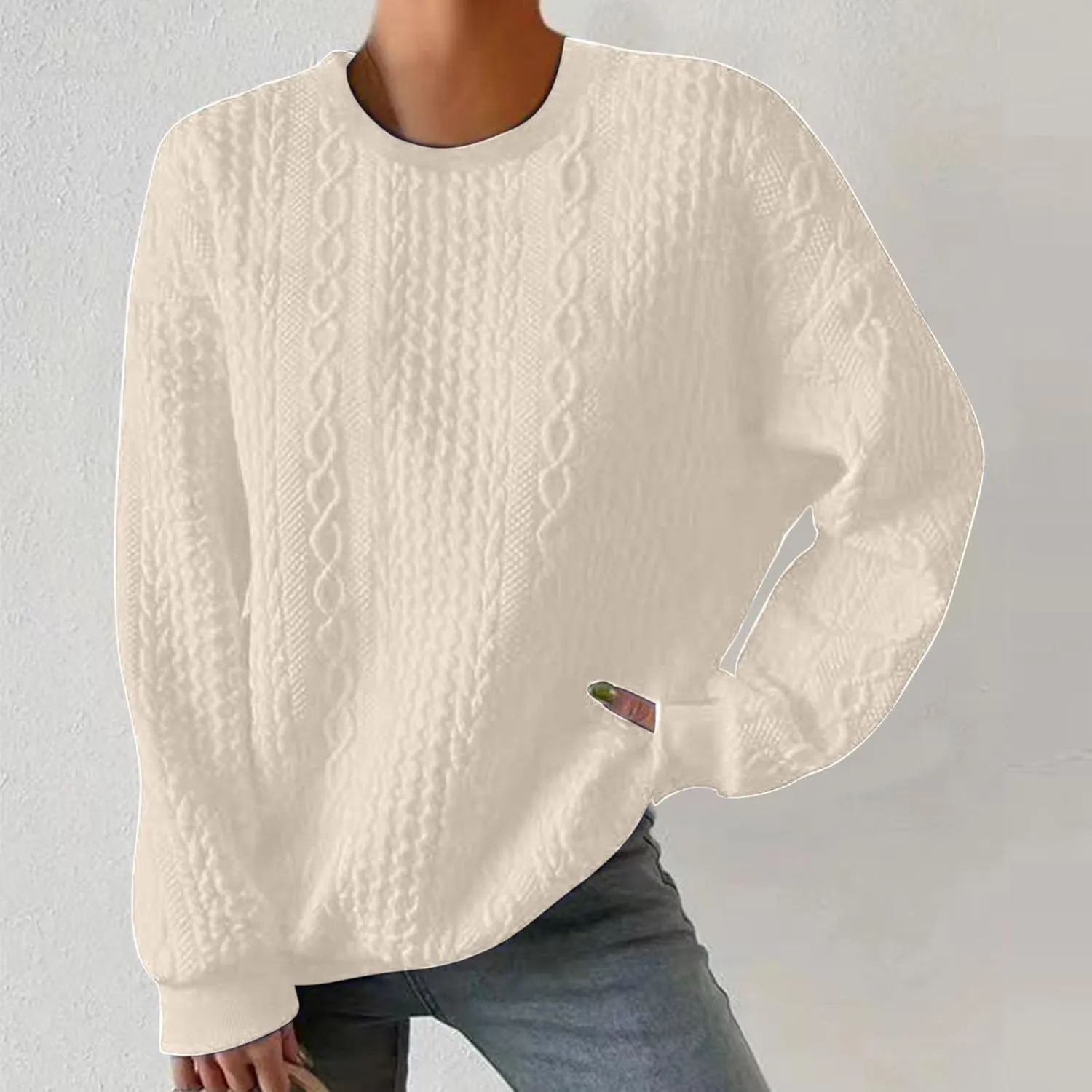 Women Crew Neck Cable Knitted Sweaters Stretchable Elasticity Comfy Cozy Loose Long Sleeve Sweater Jumper Pullover