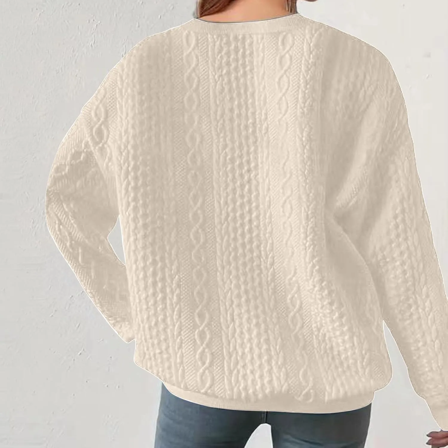 Women Crew Neck Cable Knitted Sweaters Stretchable Elasticity Comfy Cozy Loose Long Sleeve Sweater Jumper Pullover