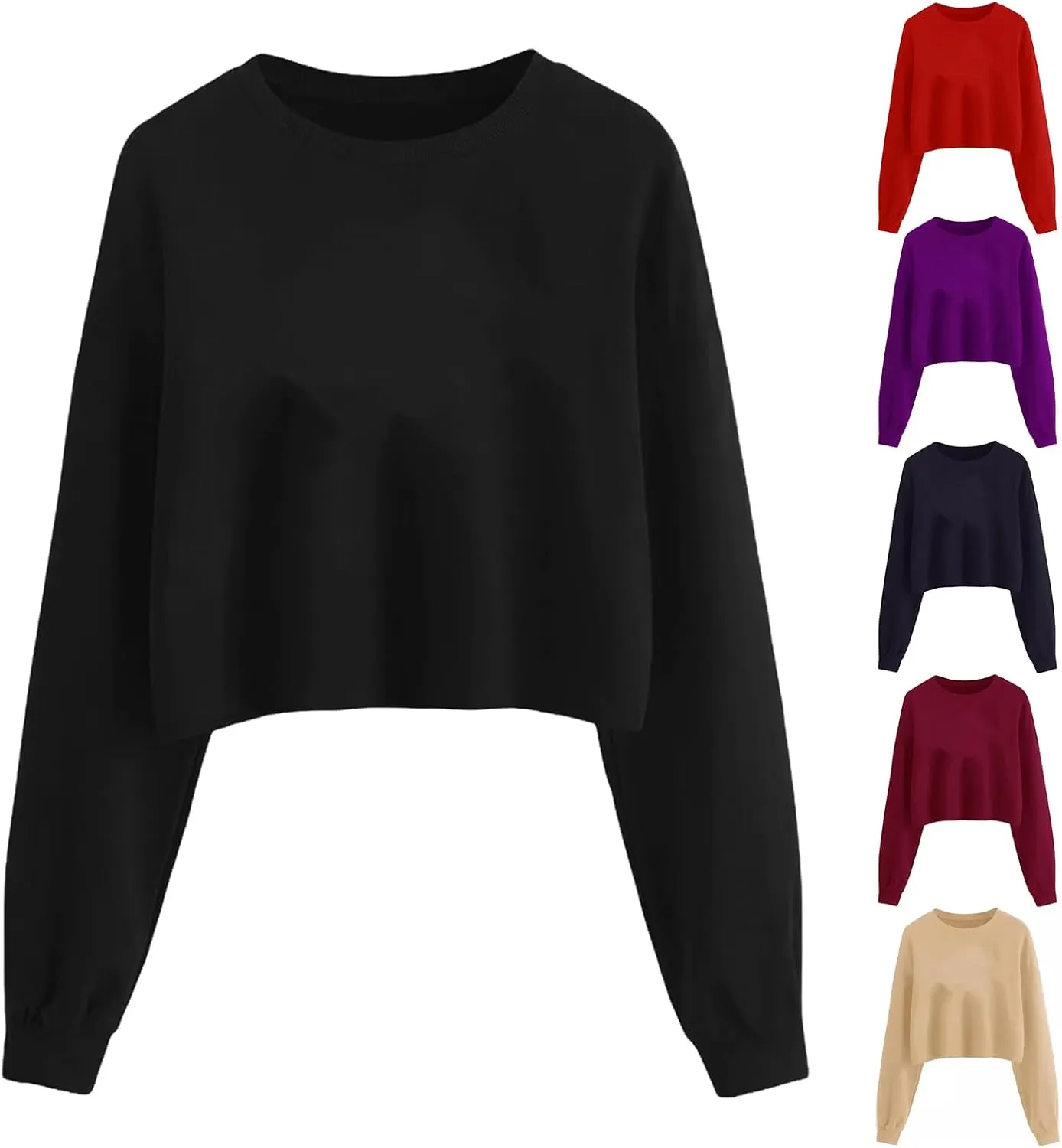 Women Cropped Sweatshirt Long Sleeve Pullover Fleece Crop Tops Casual Loose Crew Neck Shirts Basic Solid Color Tee