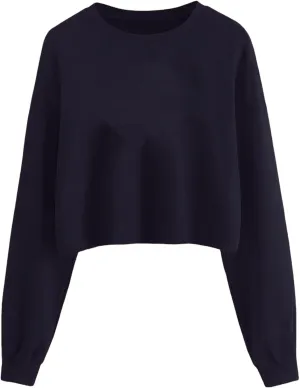 Women Cropped Sweatshirt Long Sleeve Pullover Fleece Crop Tops Casual Loose Crew Neck Shirts Basic Solid Color Tee