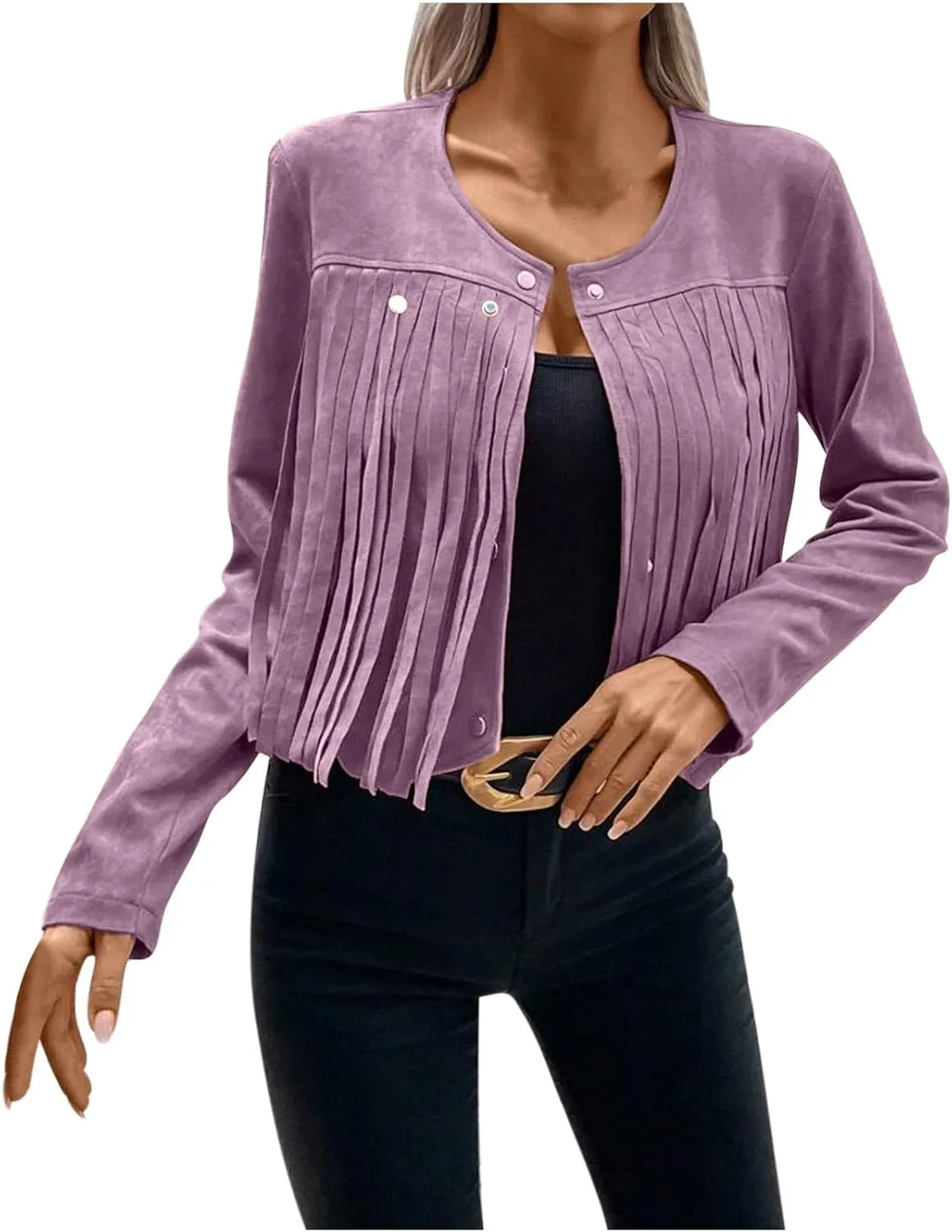 Women Elegant Crewneck Coats Double Breasted Wool Blend Over Crop Coat Classic Long Sleeve Loose CasuaL Suede Jacket