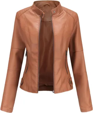 Women Faux Leather Jacket Spring Autumn Moto Biker Zipper Jacket Red Black Coat Outerwear