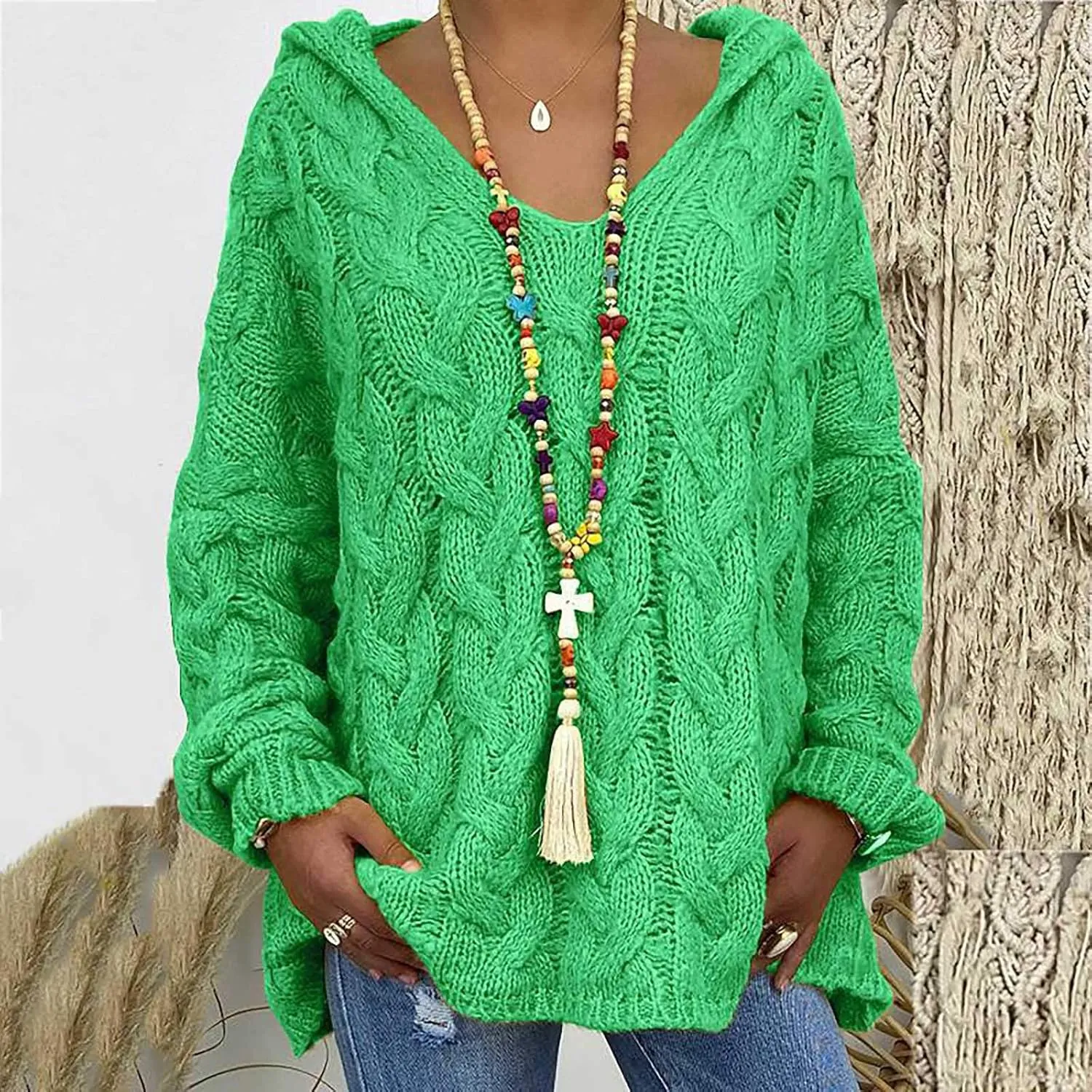 Women Hooded Sweater Cable Knit Pullover Sweaters Casual Plus Size Jumper Tops 2022 Chunky Warm Fall Outfits Y2k Modern