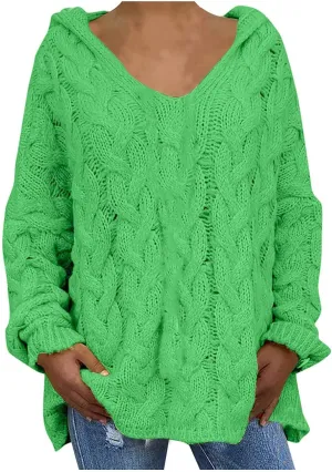 Women Hooded Sweater Cable Knit Pullover Sweaters Casual Plus Size Jumper Tops 2022 Chunky Warm Fall Outfits Y2k Modern