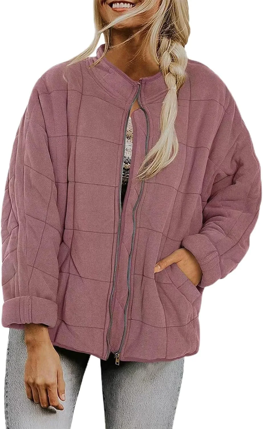 Women Quilted Puffer Jackets Stand Collar Lightweight Zipper Button Cropped Loose Coats Warm Outwear Top with Pockets
