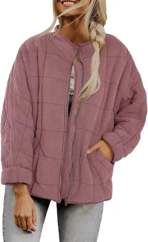 Women Quilted Puffer Jackets Stand Collar Lightweight Zipper Button Cropped Loose Coats Warm Outwear Top with Pockets