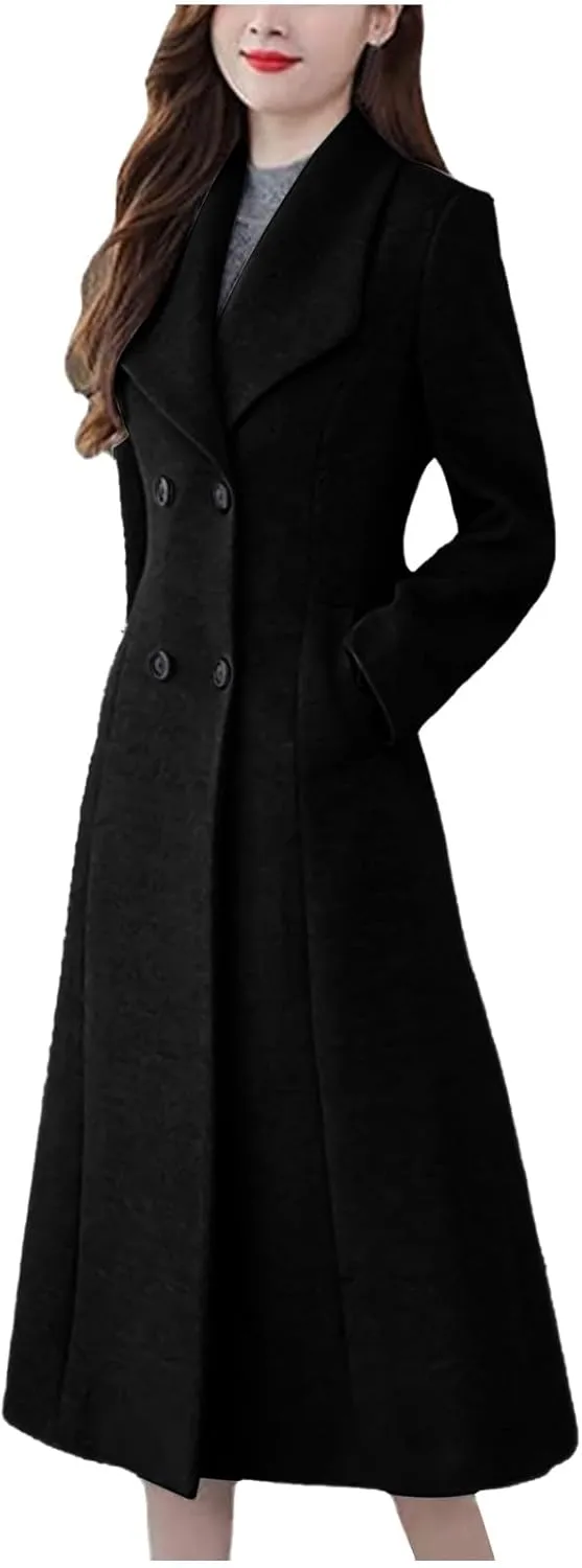 Women Winter Wool Blend Camel Maxi-Long Coat Notch Double-Breasted Lapel Jacket Outwear Business Casual Trench Coats