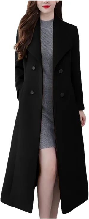 Women Winter Wool Blend Camel Maxi-Long Coat Notch Double-Breasted Lapel Jacket Outwear Business Casual Trench Coats