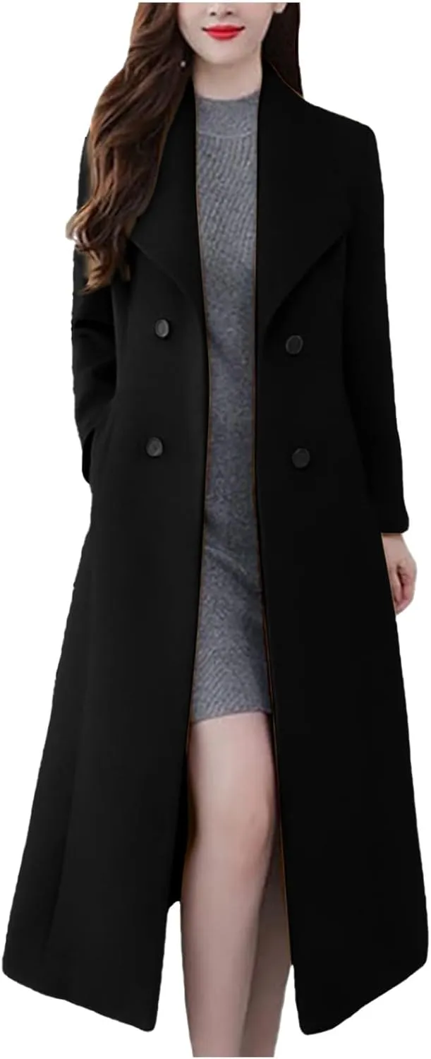 Women Winter Wool Blend Camel Maxi-Long Coat Notch Double-Breasted Lapel Jacket Outwear Business Casual Trench Coats