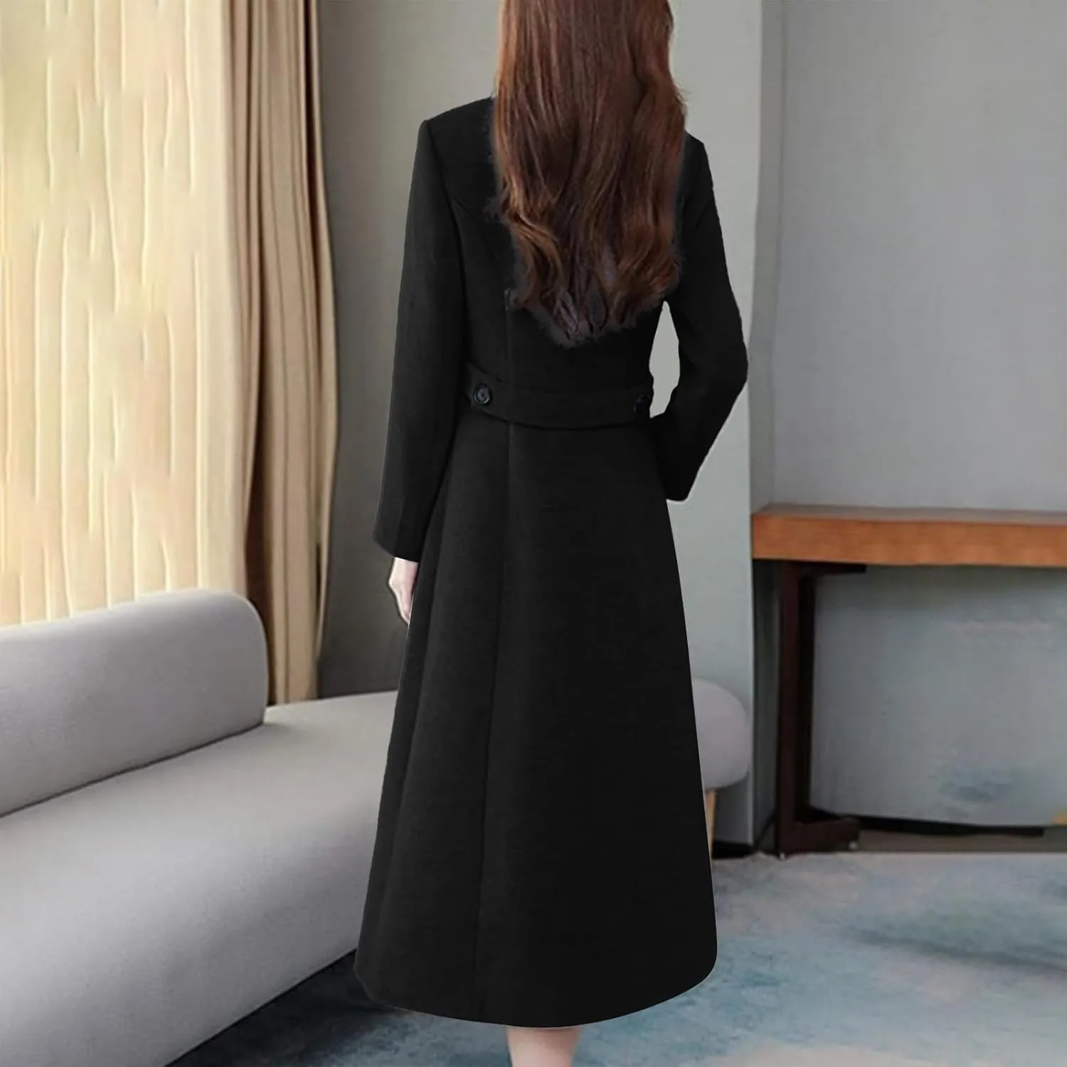 Women Winter Wool Blend Camel Maxi-Long Coat Notch Double-Breasted Lapel Jacket Outwear Business Casual Trench Coats