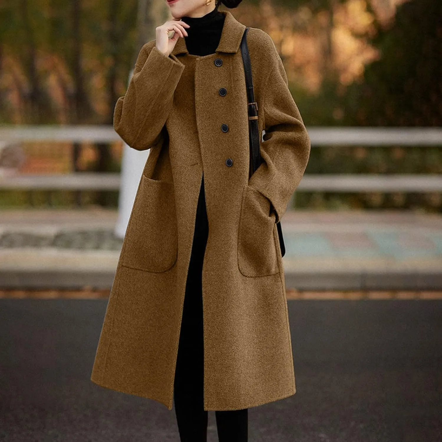 Women Wool Blend Jackets Winter Pea Coat Lapel Single Breasted Outerwear Jacket Long Trench Coat Open Front Cardigan