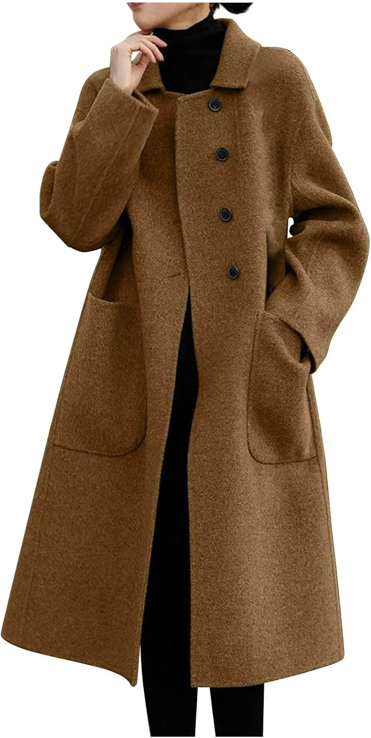 Women Wool Blend Jackets Winter Pea Coat Lapel Single Breasted Outerwear Jacket Long Trench Coat Open Front Cardigan