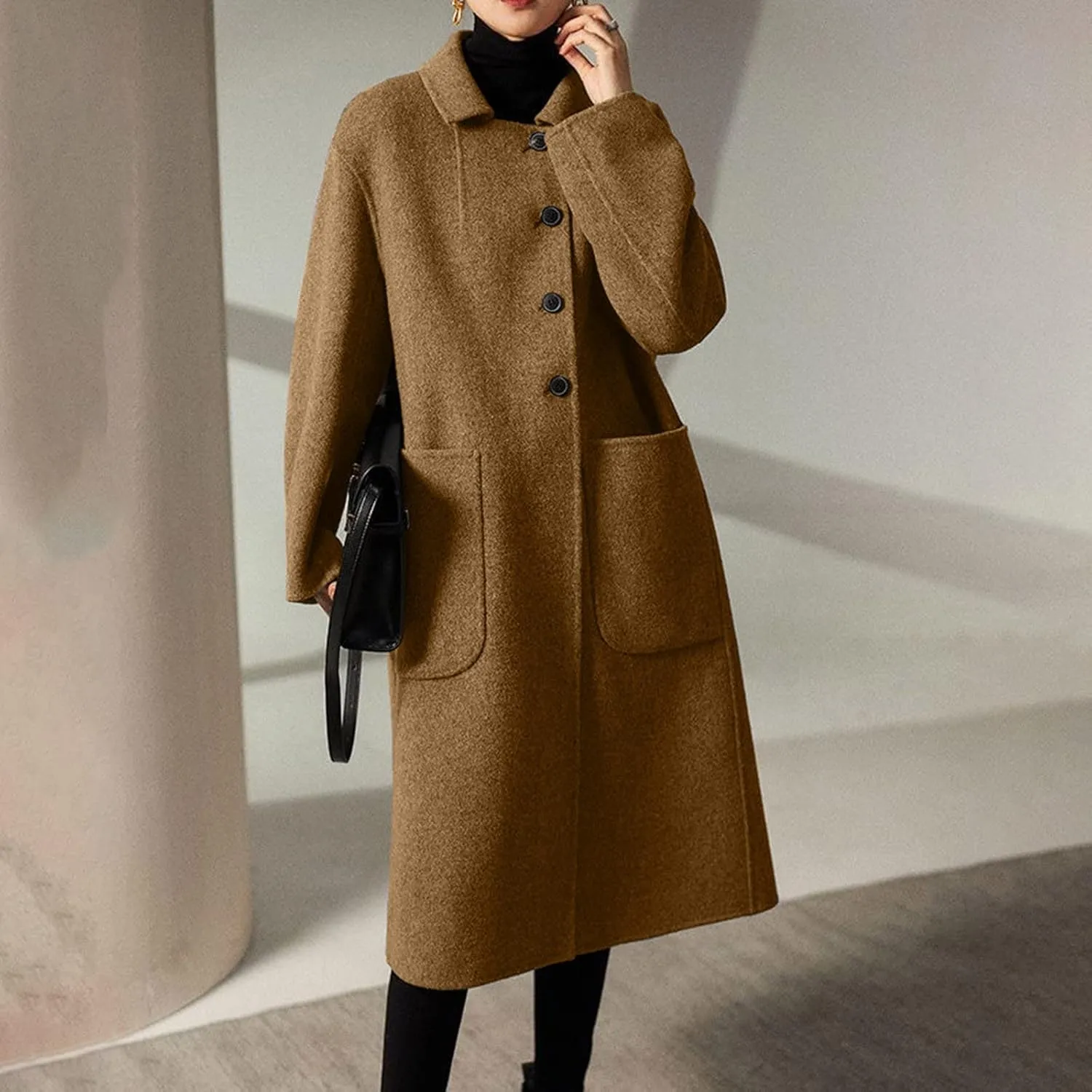 Women Wool Blend Jackets Winter Pea Coat Lapel Single Breasted Outerwear Jacket Long Trench Coat Open Front Cardigan