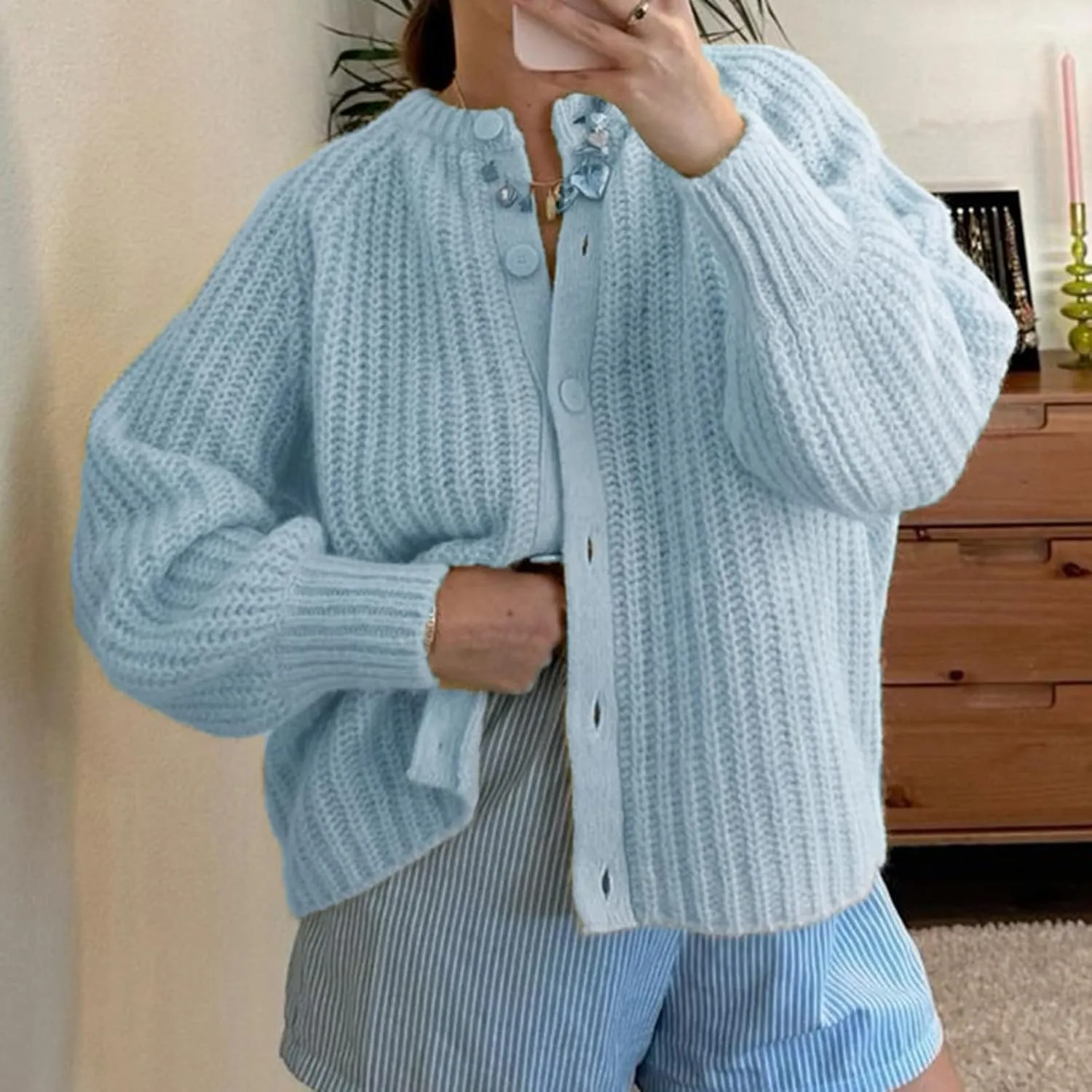 Women Y2k Knitted Cropped Cardigan Sweater Long Sleeve Crewneck Button Down Open Front Knitwear Top Streetwear